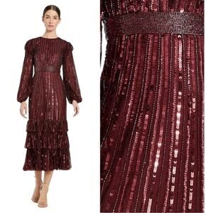 Mac Duggal 23003 Red Size 10 Ruffle Sequin Midi Dress Holiday Party $698